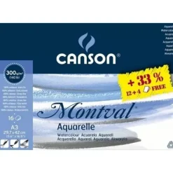 Bloc Acuarela Montval 12+4 Hojas Encolado Canson A3 300g/m²