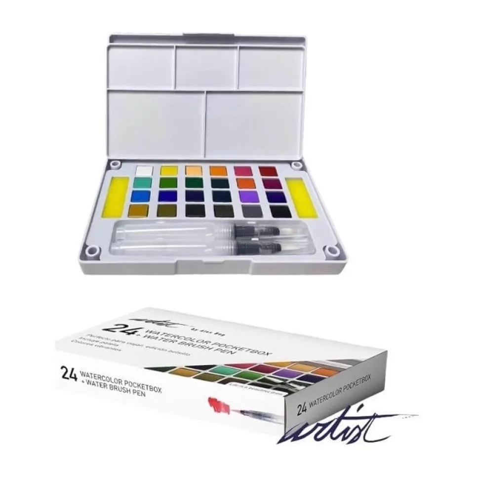 Caja 24 godets acuarela y 2 pinceles depósito Artist Pocketbox Alex Bog