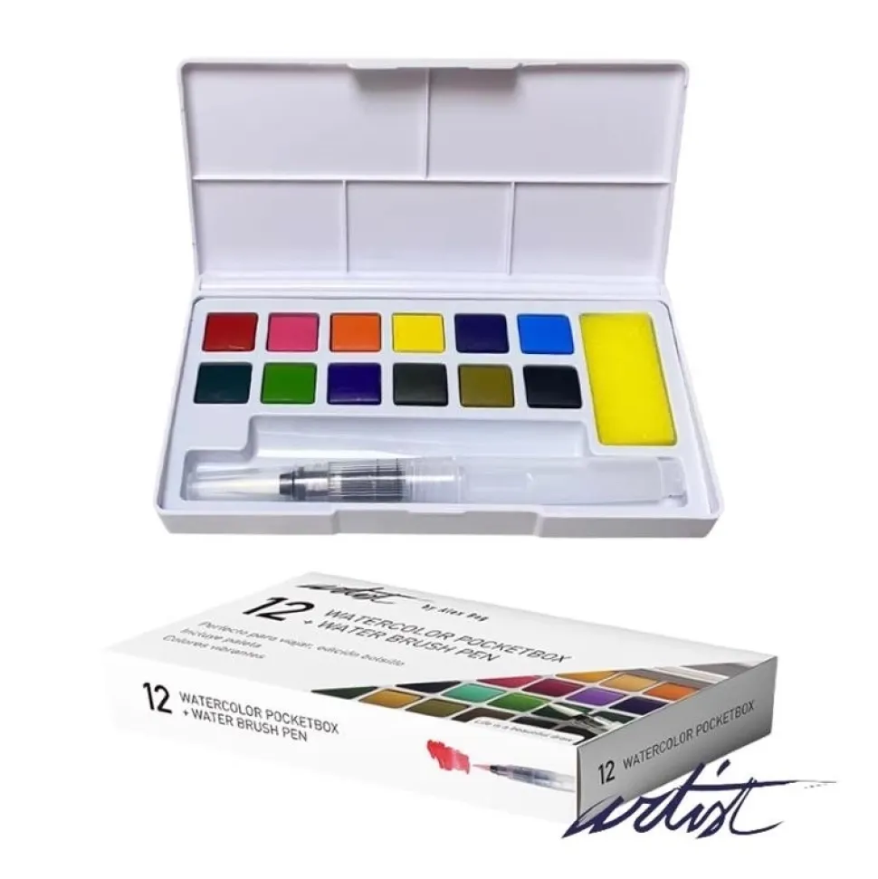 Caja 12 godets acuarela y pincel depósito Artist Pocketbox Alex Bog
