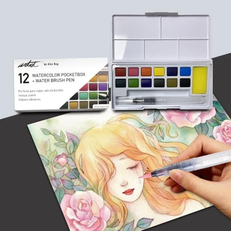 Caja 12 godets acuarela y pincel depósito Artist Pocketbox Alex Bog