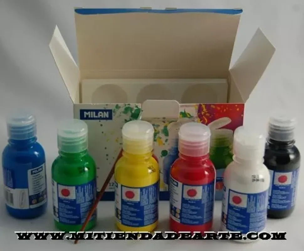 Caja 6 Temperas liquidas Milan 125ml + pincel + pocillos