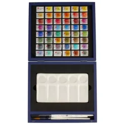 Caja azul de madera de 48 godets acuarelas White Nights