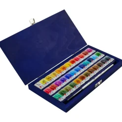 Caja azul de madera de 36 godets acuarelas White Nights