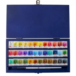 Caja azul de madera de 36 godets acuarelas White Nights