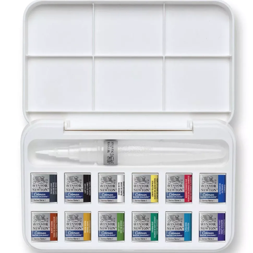 Caja de acuarelas 12 medias pastillas + 1 pincel con depósito Cotman