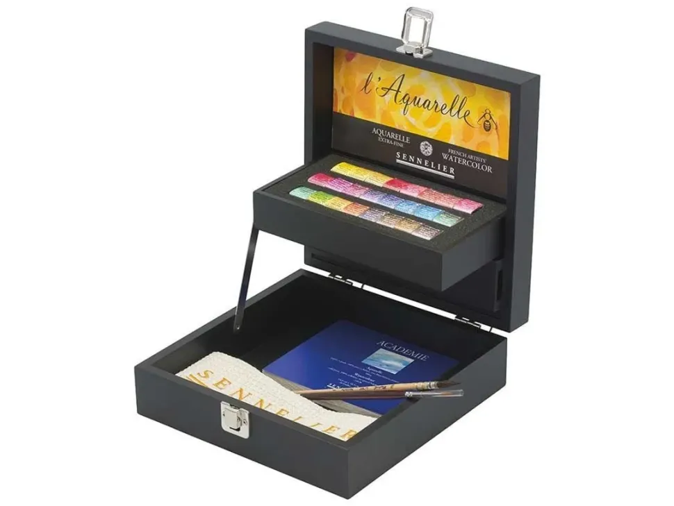 Caja de madera 24 medios godets extrafinas y accesorios Sennelier