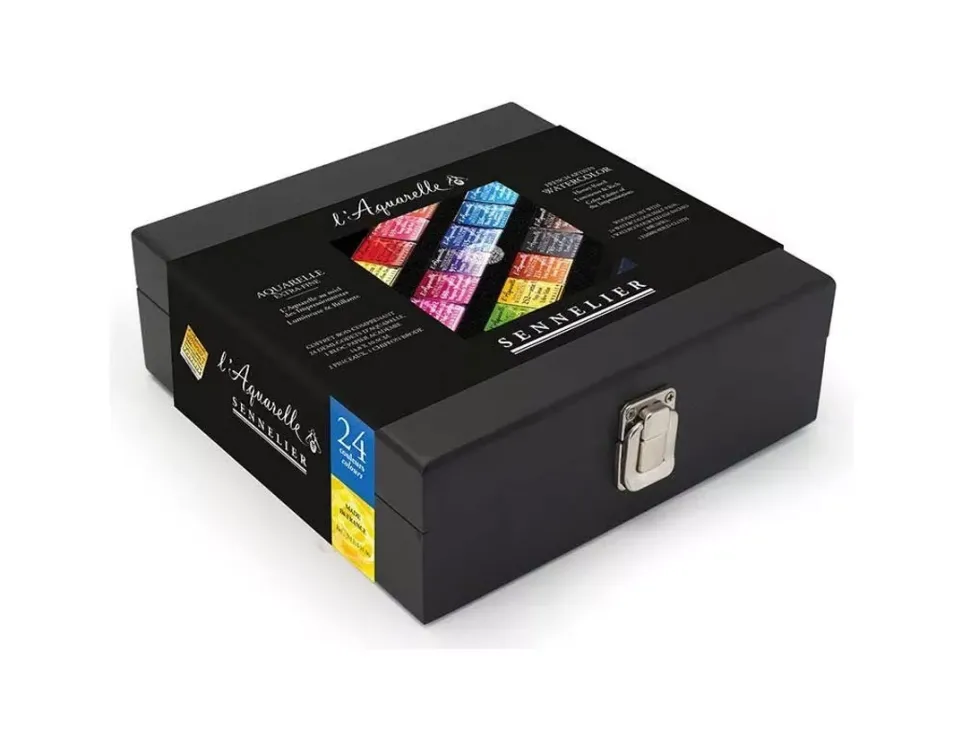 Caja de madera 24 medios godets extrafinas y accesorios Sennelier