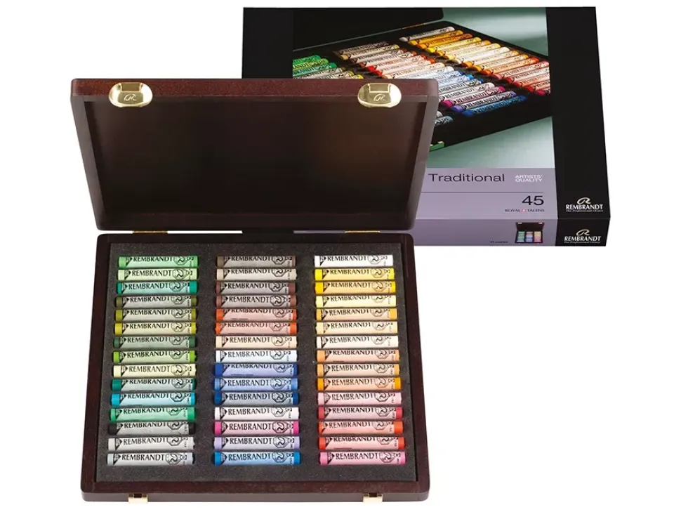 Caja de madera de 45 pasteles suaves extrafinos Paisaje Rembrandt