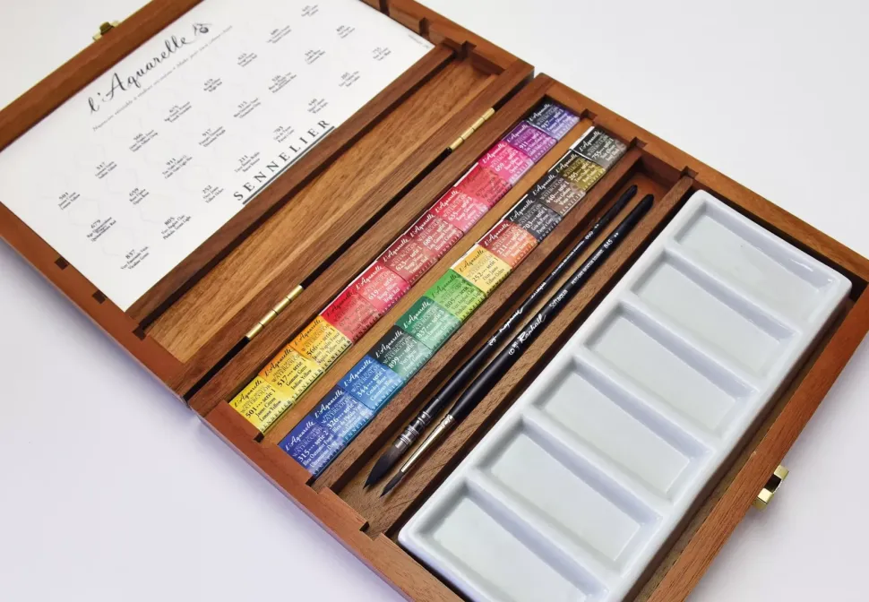 Caja de Madera de Lujo con 24 Pastillas Aquarelle Extra Fine Sennelier