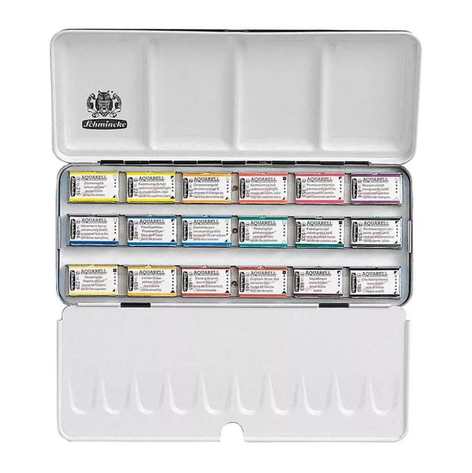 Caja de metal 18 godets de acuarela Horadam Schmincke