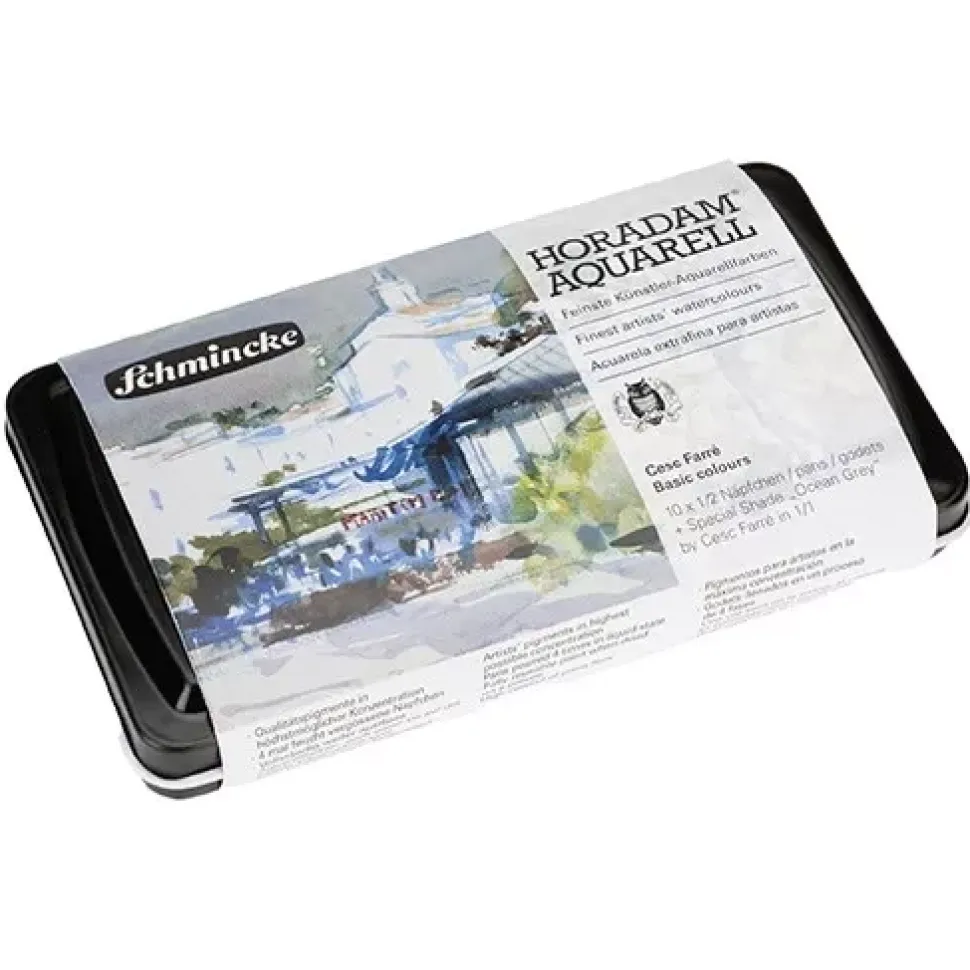 Caja de metal 12 medios godets de acuarela Cesc Farré Horadam Schmincke