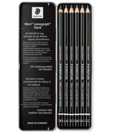 Caja metálica 6 lápices carbón Lumograph 100B Staedtler