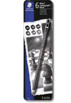 Caja metálica 6 lápices carbón Lumograph 100B Staedtler