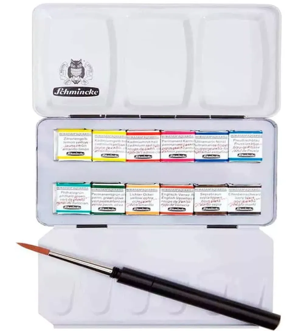 Caja metálica 12 medios godets y pincel Schmincke