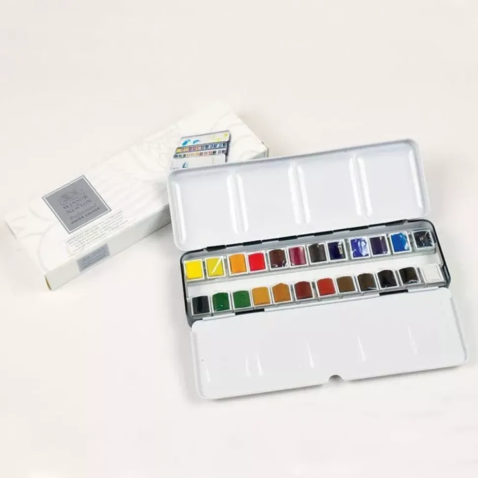 Caja metálica de acuarela 24 medias pastillas Winsor and Newton