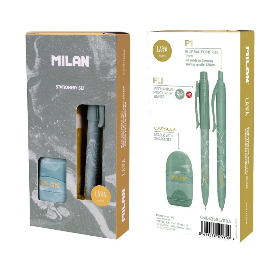 Caja regalo bolígrafo, portaminas y afilaborra verde Lava Capsule Milan