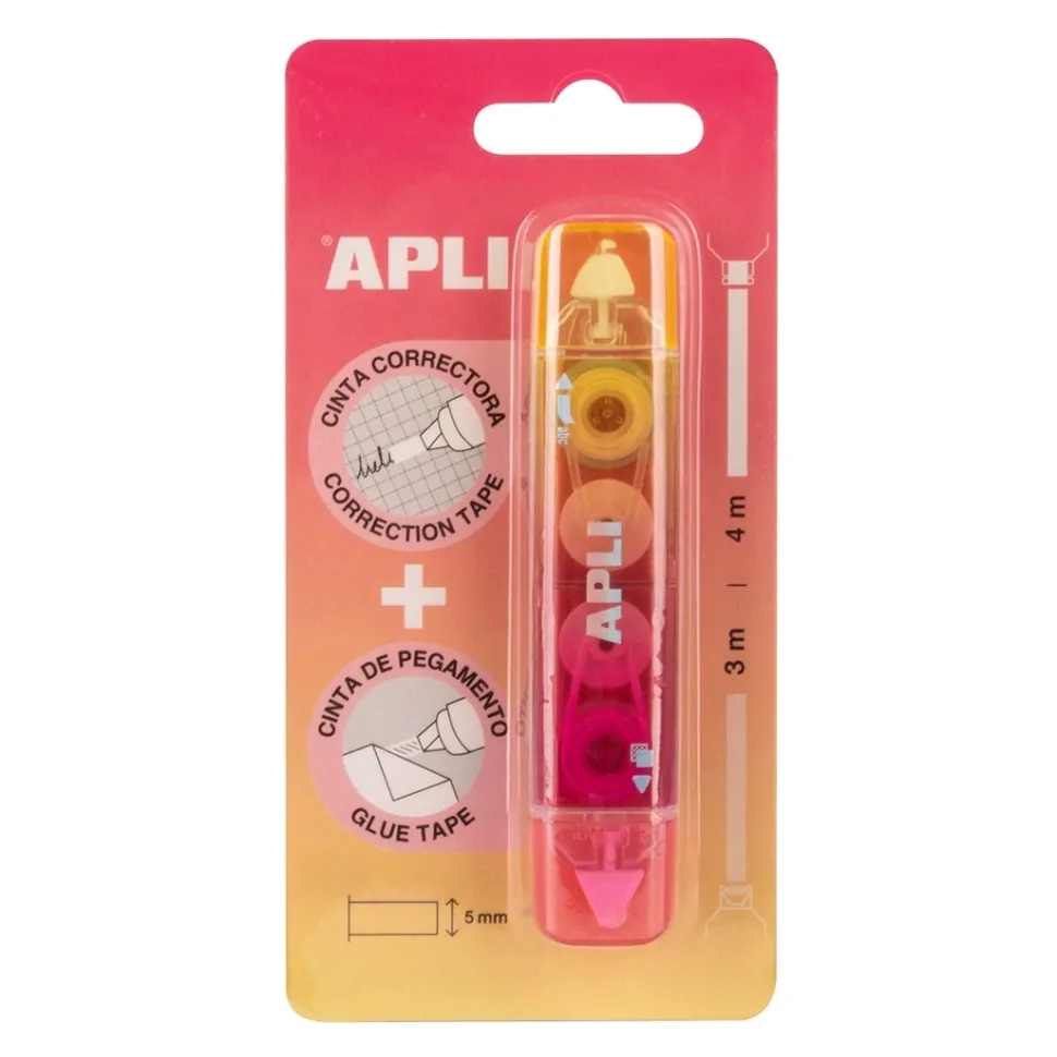Corrector doble función cinta y pegamento rosa Apli