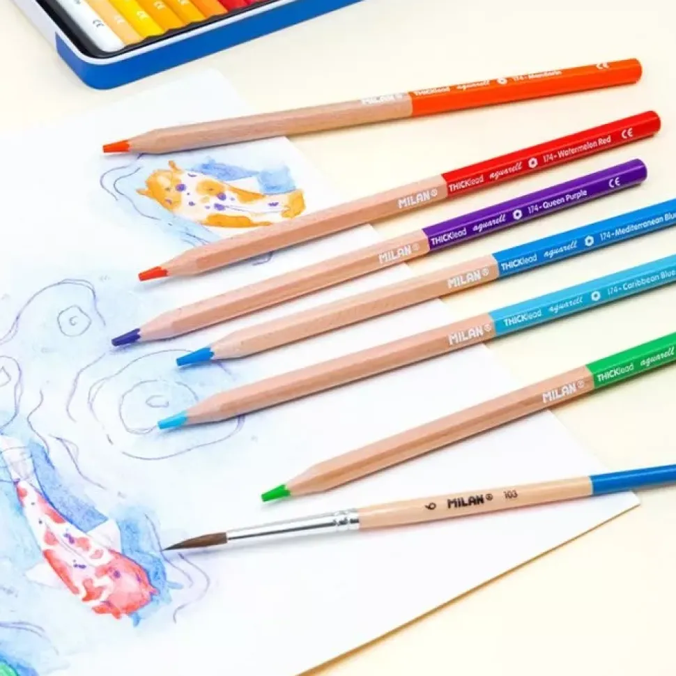 Estuche Metálico 36 Lápices de Colores Acuarelables Mina Gruesa Milan