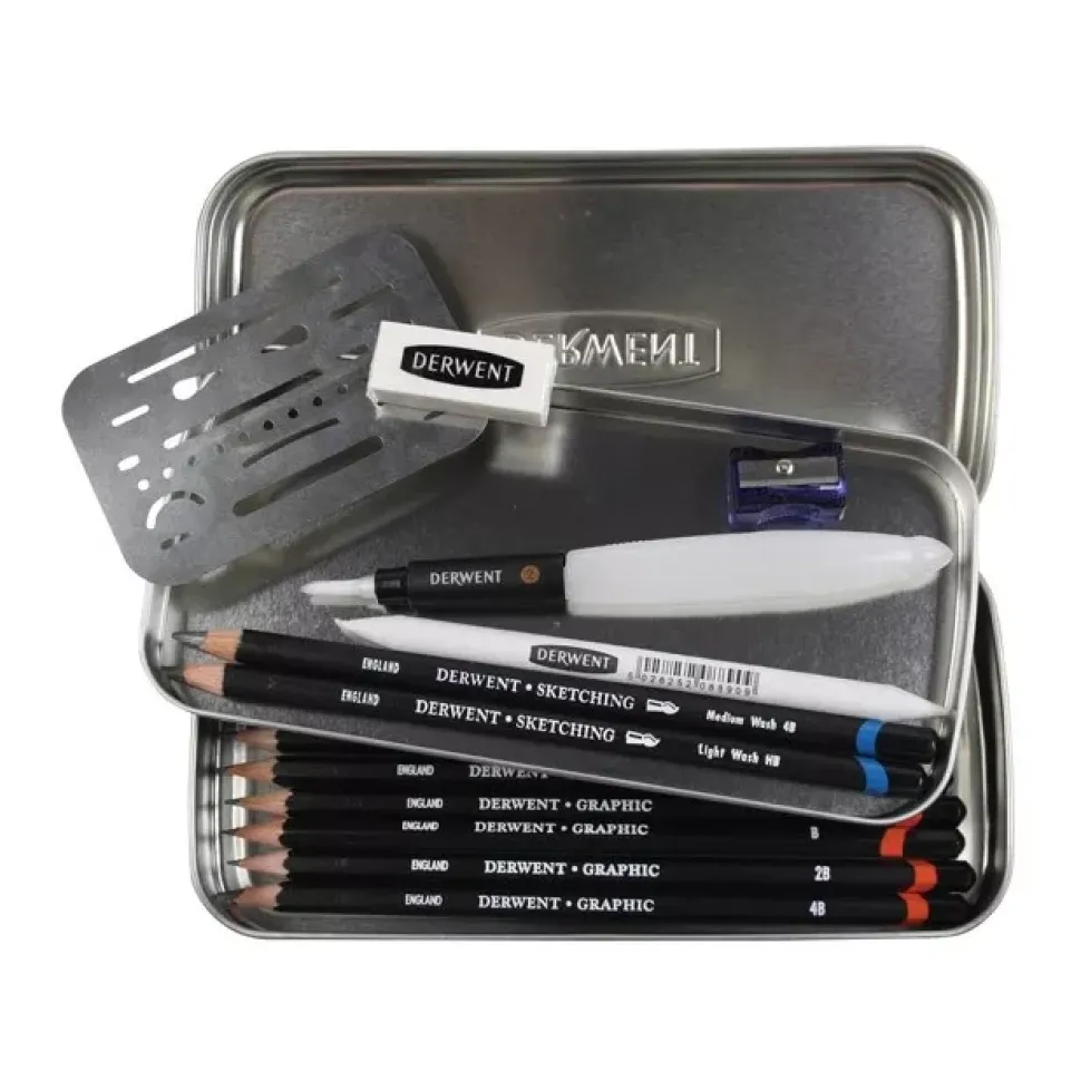 Estuche metálico para lápices 14 piezas Line and Wash Sketching Set Derwent