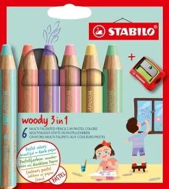 Set 6 Lápices Pastel y Sacapuntas Woody 3 en 1 STABILO