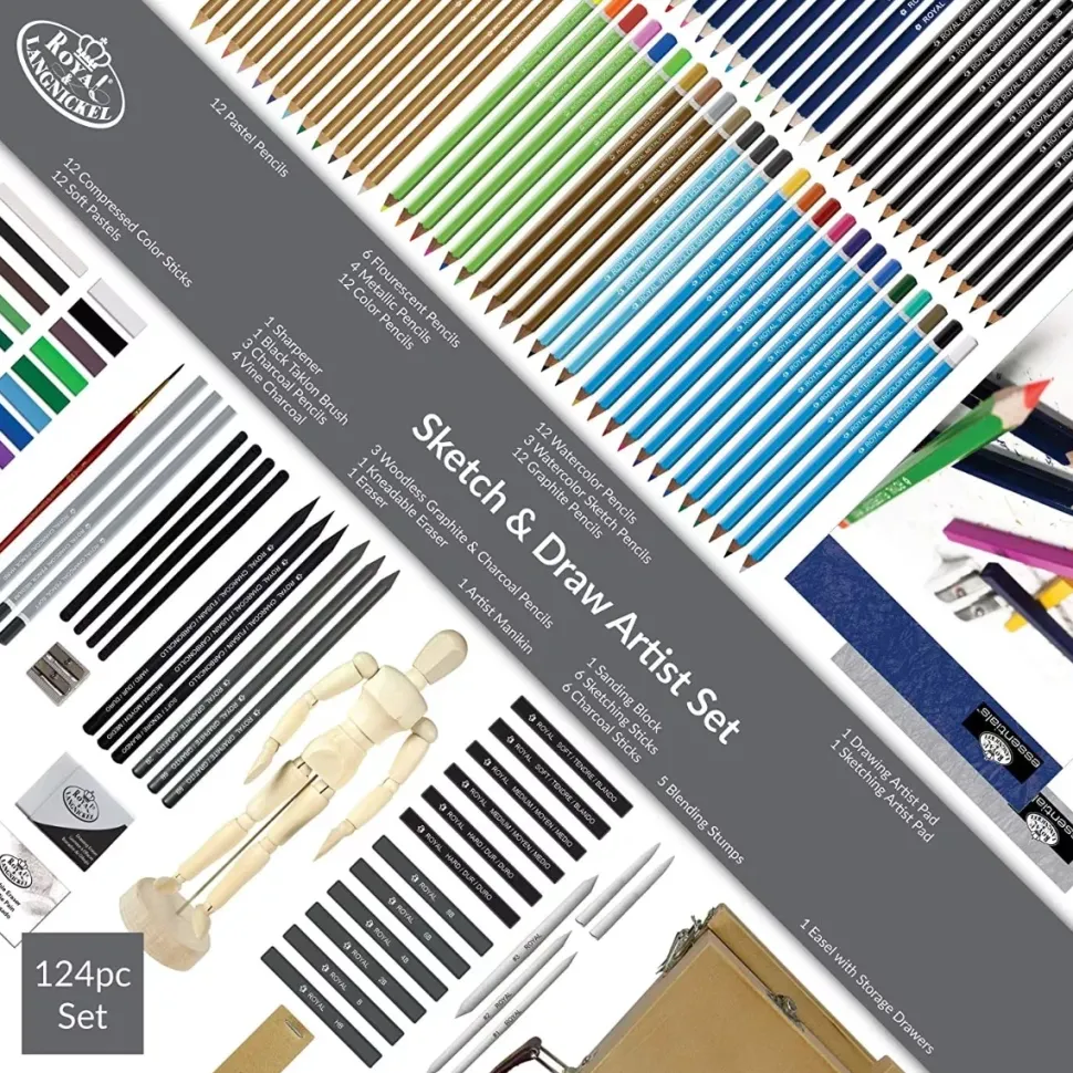 Set 124 Piezas de Dibujo + Caja Caballete de Madera Royal & Langnickel