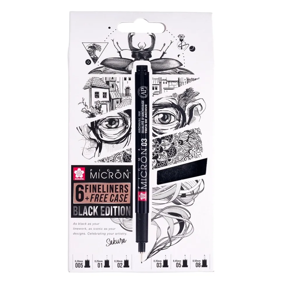 Set 6 rotuladores calibrados Pigma Micron Black Edition Sakura