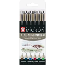 Set 6 rotuladores punta fina colores tierra Pigma Micron 05 Sakura