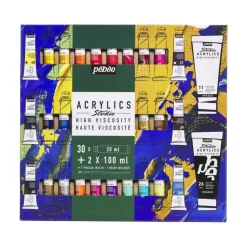 Set 30 tubos 20ml + 2 tubos 100ml acrílico alta viscosidad Studio y brocha Pebeo