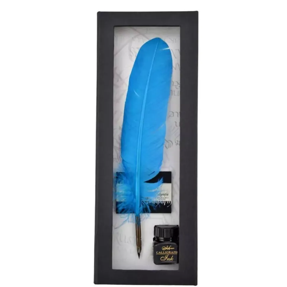 Set caligrafía pluma de ave azul