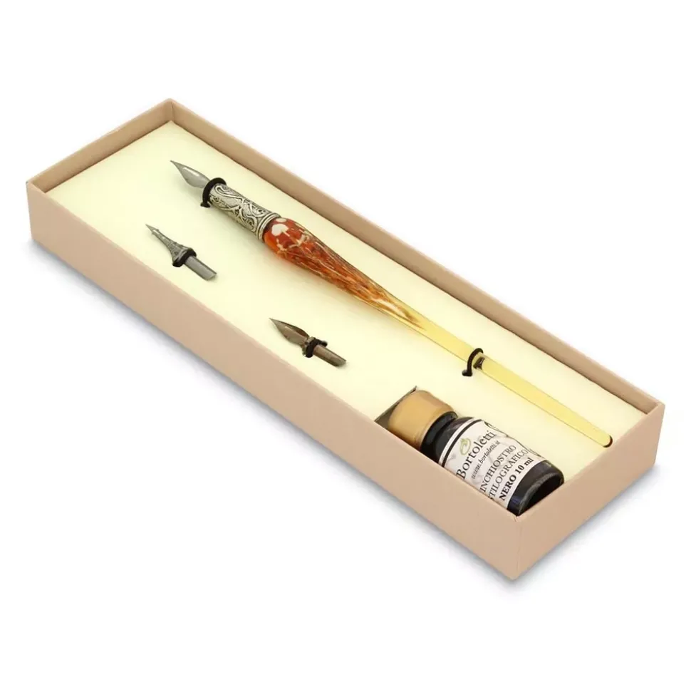 Set de escritura con pluma de Murano ambar, blanco y bronce Bortoletti