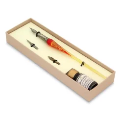Set de escritura con pluma de Murano rojo y oro Bortoletti