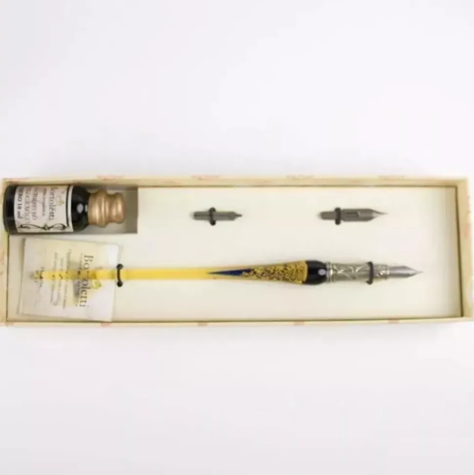 Set de escritura con pluma de Murano azul y oro Bortoletti