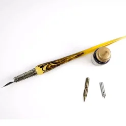 Set de escritura con pluma de Murano marfil, negro y bronce Bortoletti