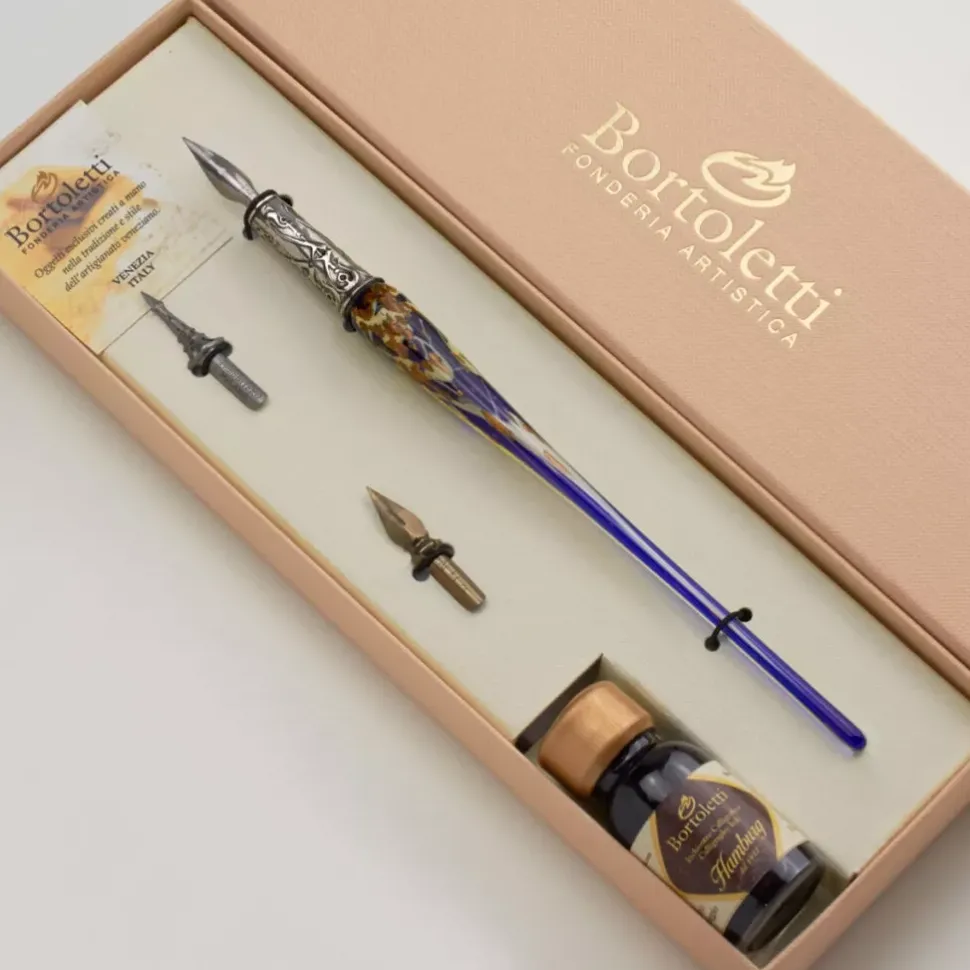 Set de escritura con pluma de Murano azul, blanco y bronce Bortoletti