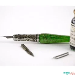Set de escritura con pluma de Murano verde y oro Bortoletti