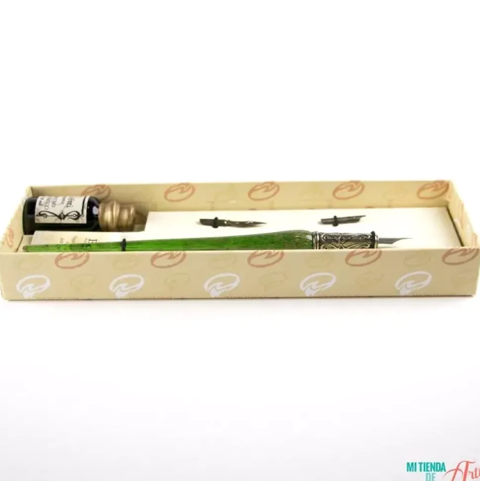 Set de escritura con pluma de Murano verde y oro Bortoletti