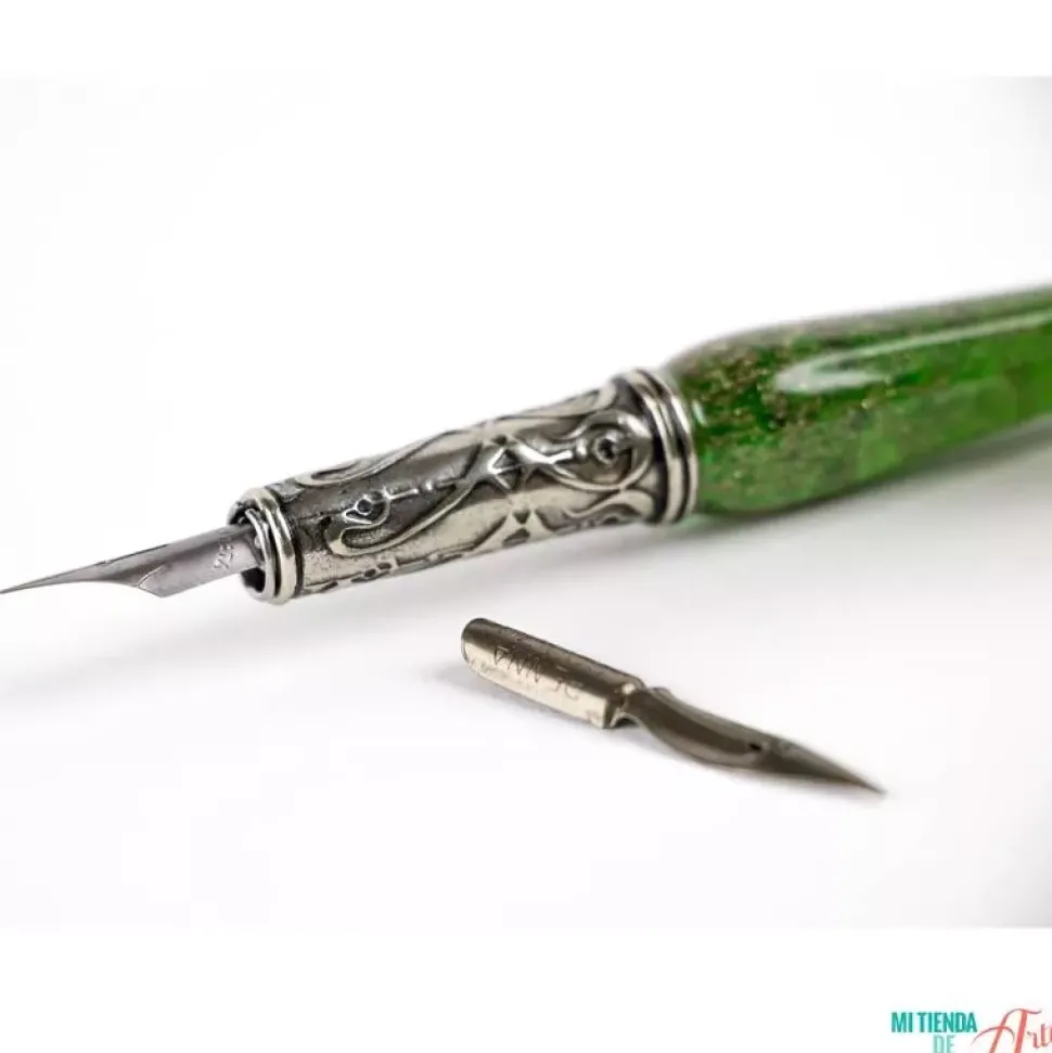 Set de escritura con pluma de Murano verde y oro Bortoletti