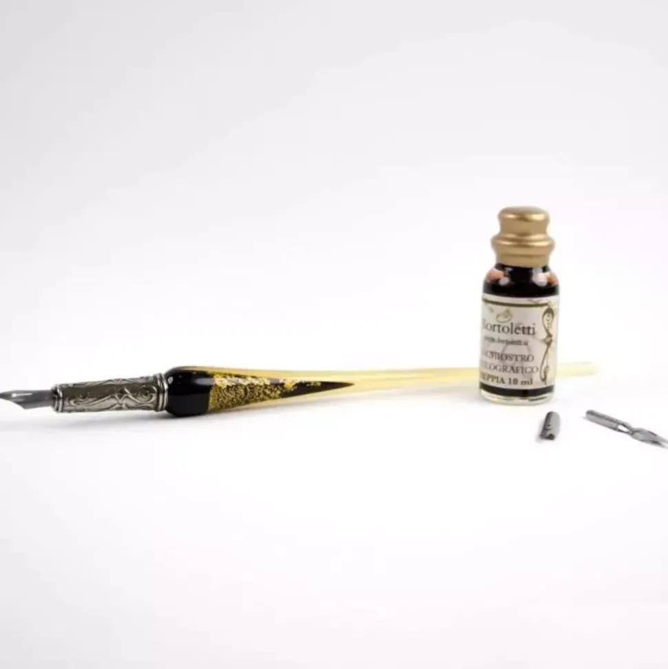 Set de escritura con pluma de Murano negro y oro Bortoletti