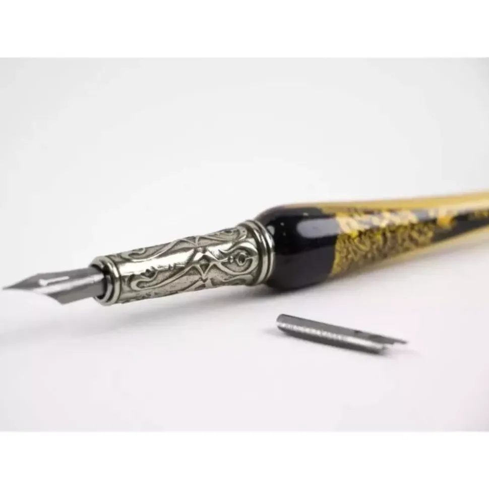 Set de escritura con pluma de Murano negro y oro Bortoletti