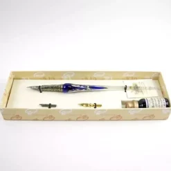 Set de escritura con pluma de Murano azul, blanco y plata Bortoletti