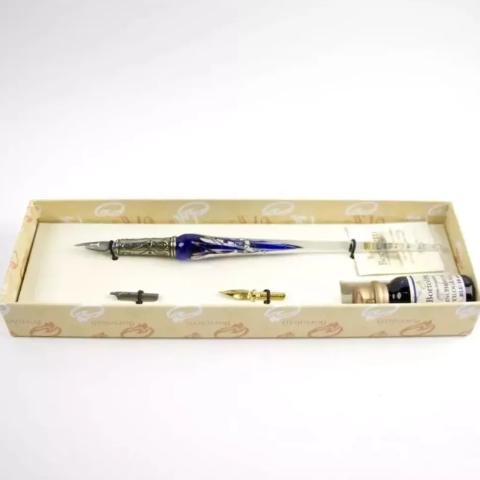 Set de escritura con pluma de Murano azul, blanco y plata Bortoletti