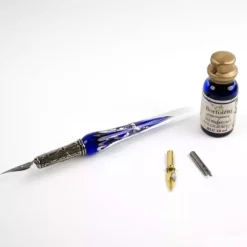 Set de escritura con pluma de Murano azul, blanco y plata Bortoletti