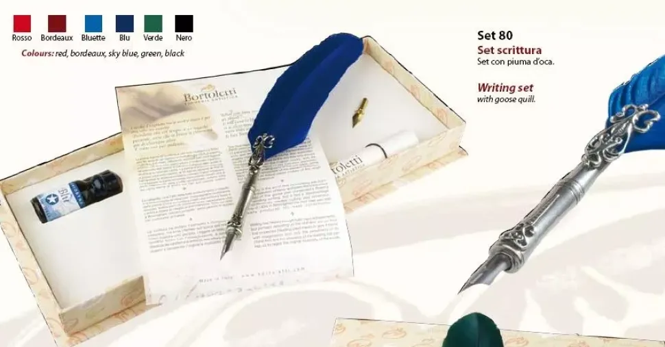 Set de escritura con pluma de oca VERDE y plata/niquel