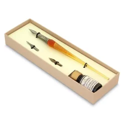 Set de escritura con pluma de Murano ambar y oro Bortoletti