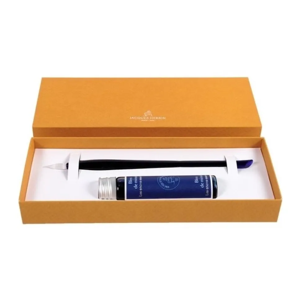 Set de escritura pluma de vidrio y tinta azul J.Herbin